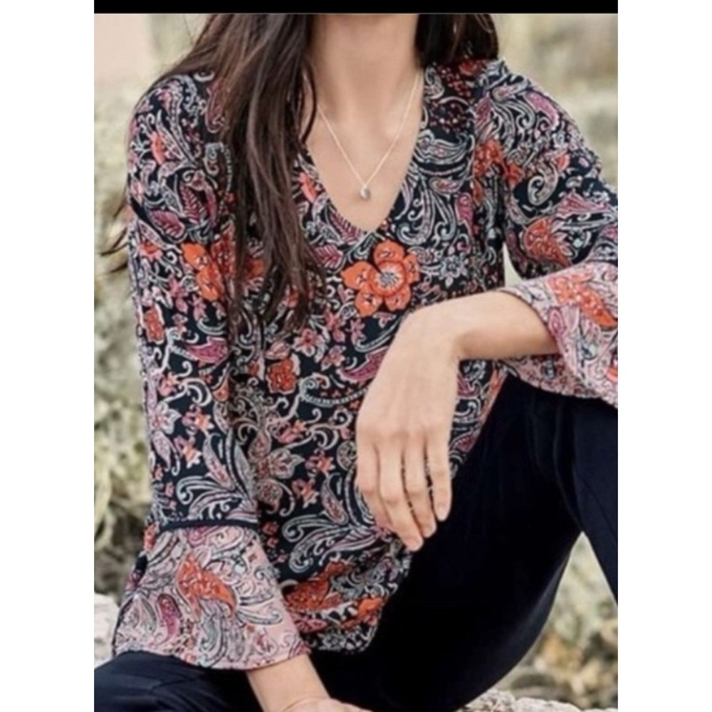 J. Jill Womens Petite Small Navy Blue‎ Floral Paisley Bell Sleeve V-Neck Blouse